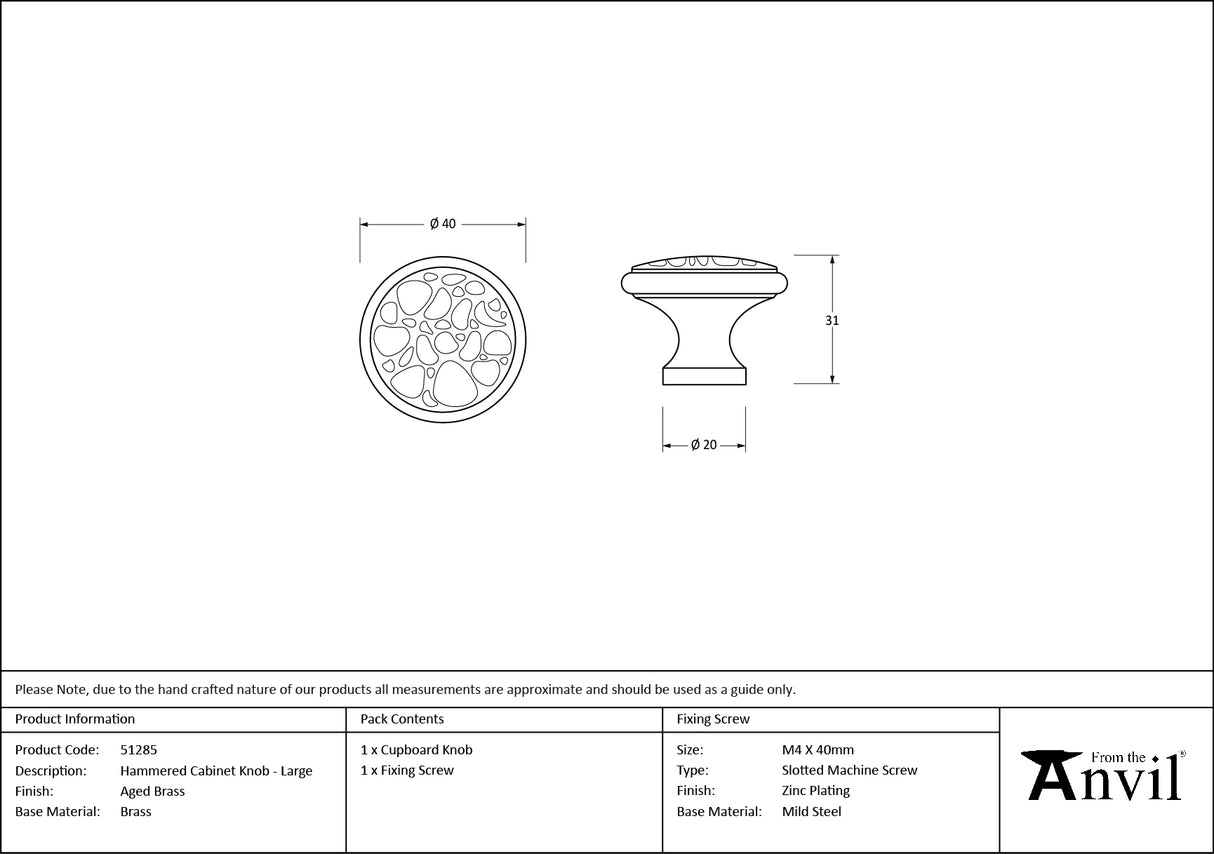 From The Anvil - Aged Brass Hammered Cabinet Knob - Large | Sku. 51285 | Trade Door Handles.