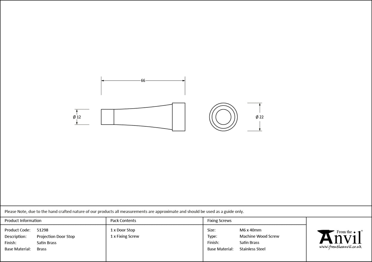 From The Anvil - Satin Brass Projection Door Stop | Sku. 51298 | Trade Door Handles.