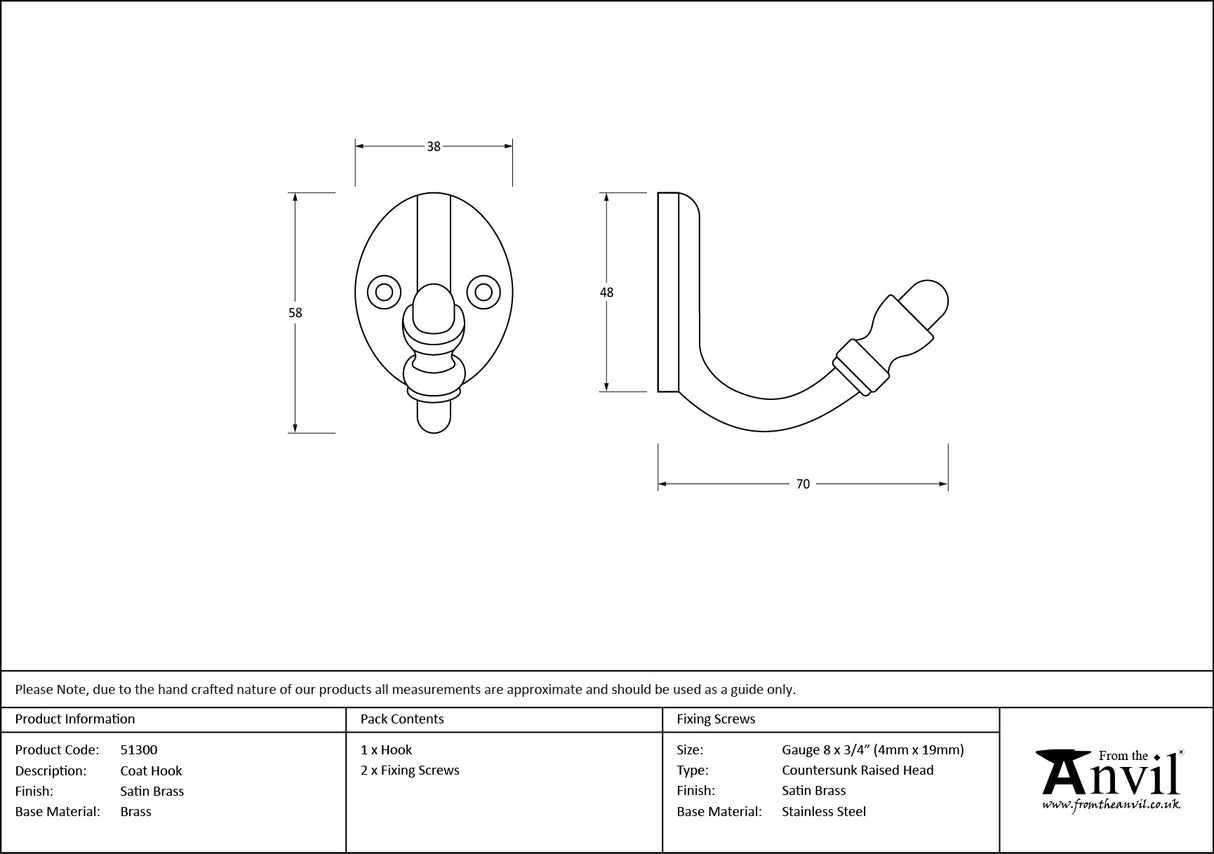 From The Anvil - Satin Brass Coat Hook | Sku. 51300 | Trade Door Handles.