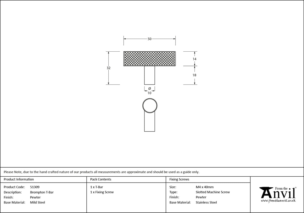 From The Anvil - Pewter Brompton T-Bar | Sku. 51309 | Trade Door Handles.