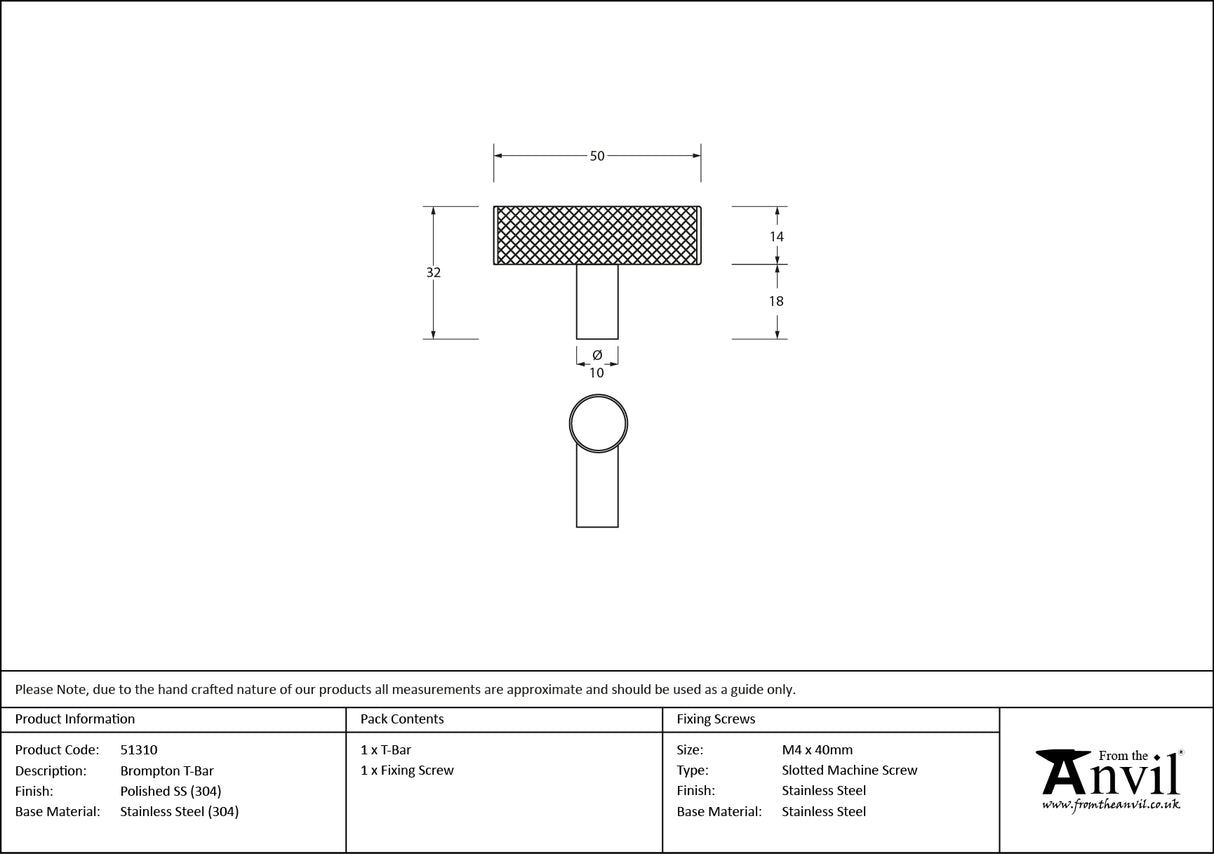 From The Anvil - Polished SS (304) Brompton T-Bar | Sku. 51310 | Trade Door Handles.