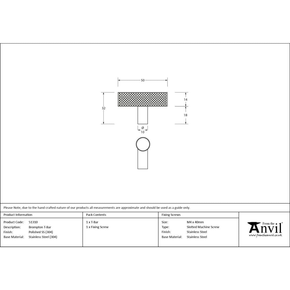 From The Anvil - Polished SS (304) Brompton T-Bar | Sku. 51310 | Trade Door Handles.