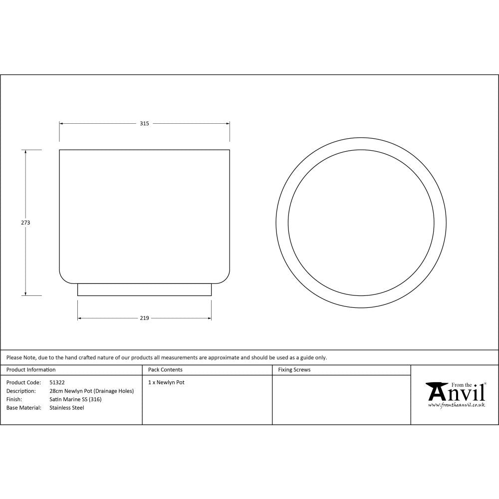 From The Anvil - Satin Marine SS (316) 28cm Newlyn Pot (Drainage holes) | Sku. 51322 | Trade Door Handles.