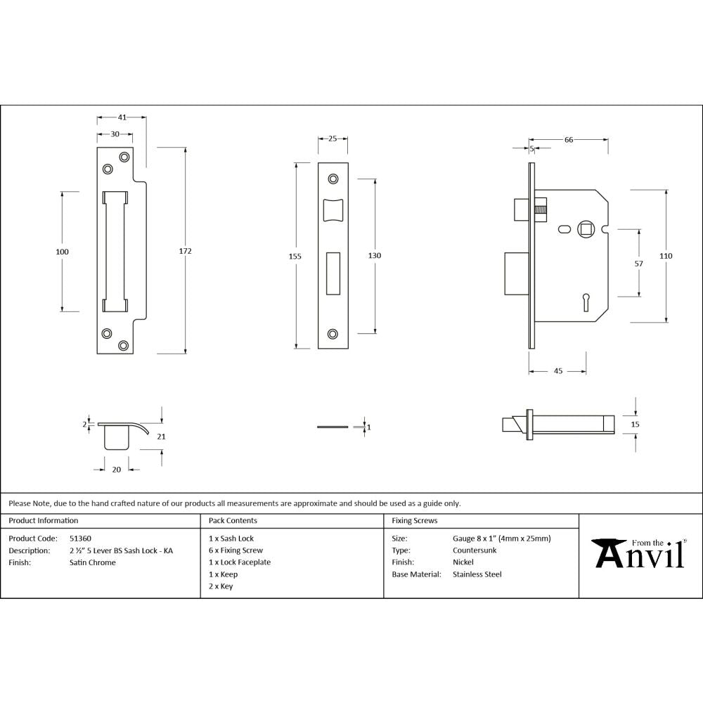 From The Anvil - Satin Chrome 2.5" 5 Lever BS Sash Lock KA | Sku. 51360 | Trade Door Handles.