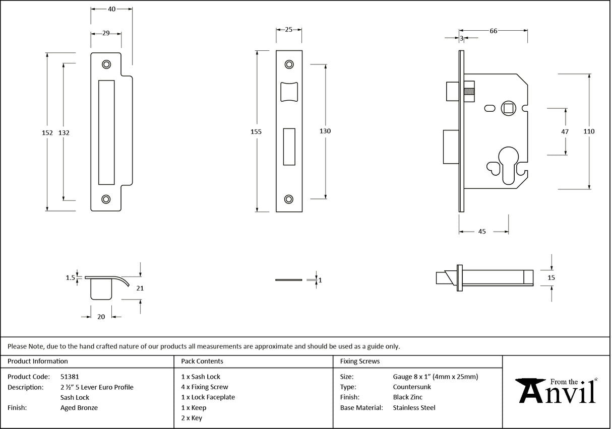 From The Anvil - Aged Bronze 2.5" Euro Profile Sash Lock | Sku. 51381 | Trade Door Handles.