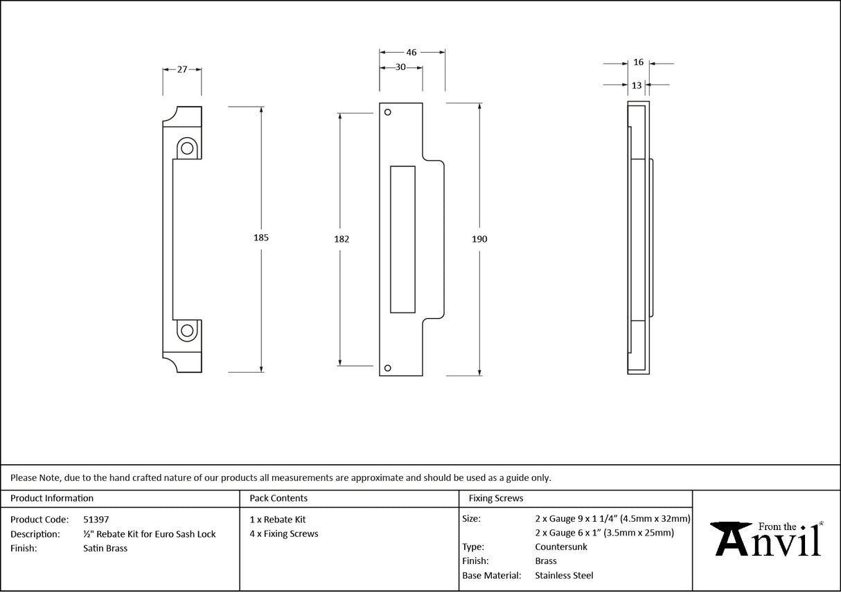 From The Anvil - Satin Brass Rebate Kit for Euro Sash Lock | Sku. 51397 | Trade Door Handles.