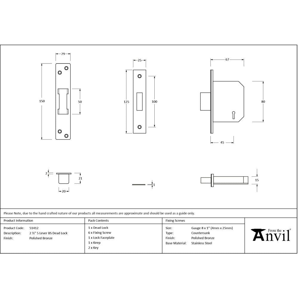 From The Anvil - Polished Bronze 2.5" 5 Lever BS Dead Lock | Sku. 51412 | Trade Door Handles.
