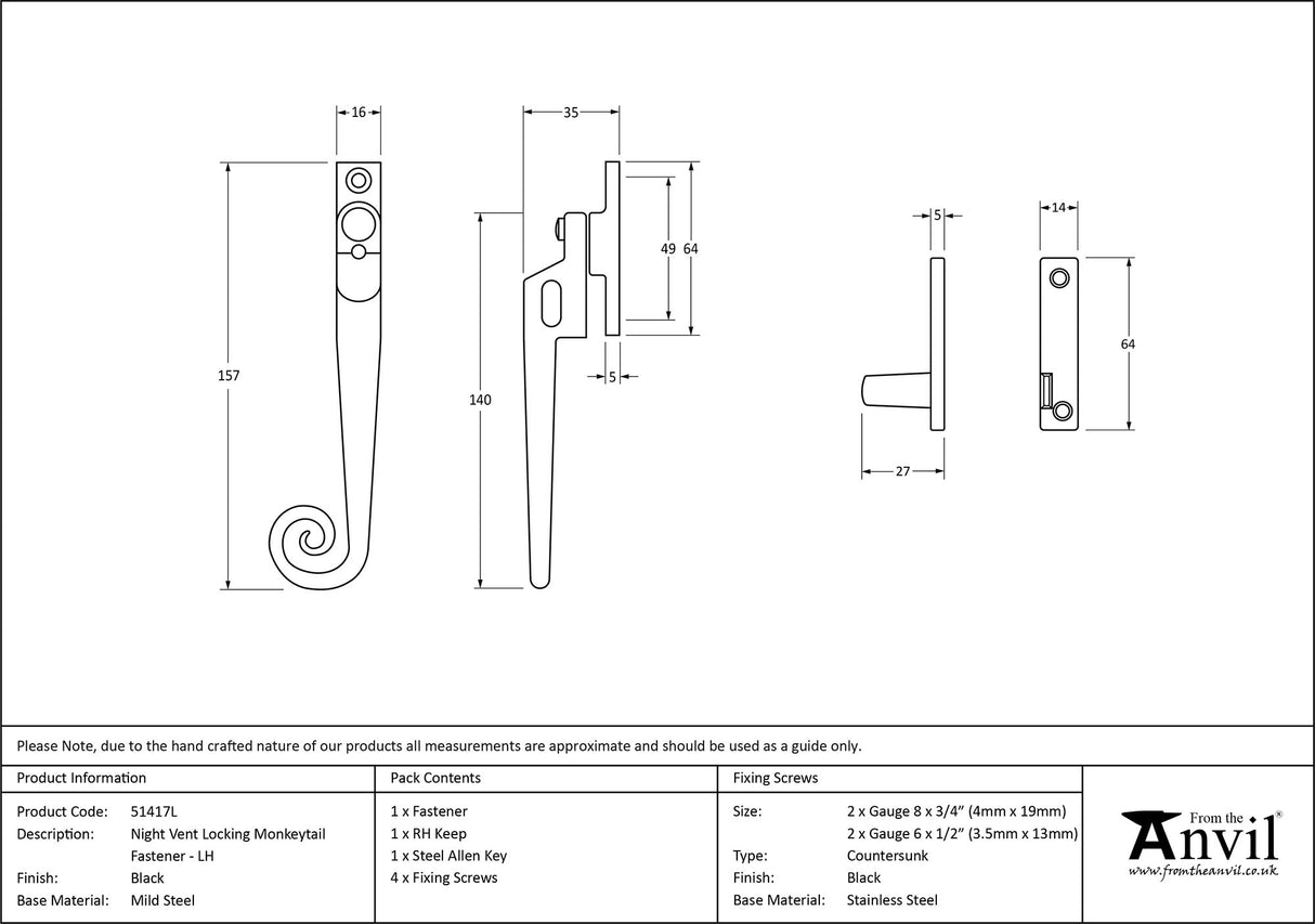 From The Anvil - Black Locking Night-Vent Monkeytail Fastener - LH | Sku. 51417L | Trade Door Handles.