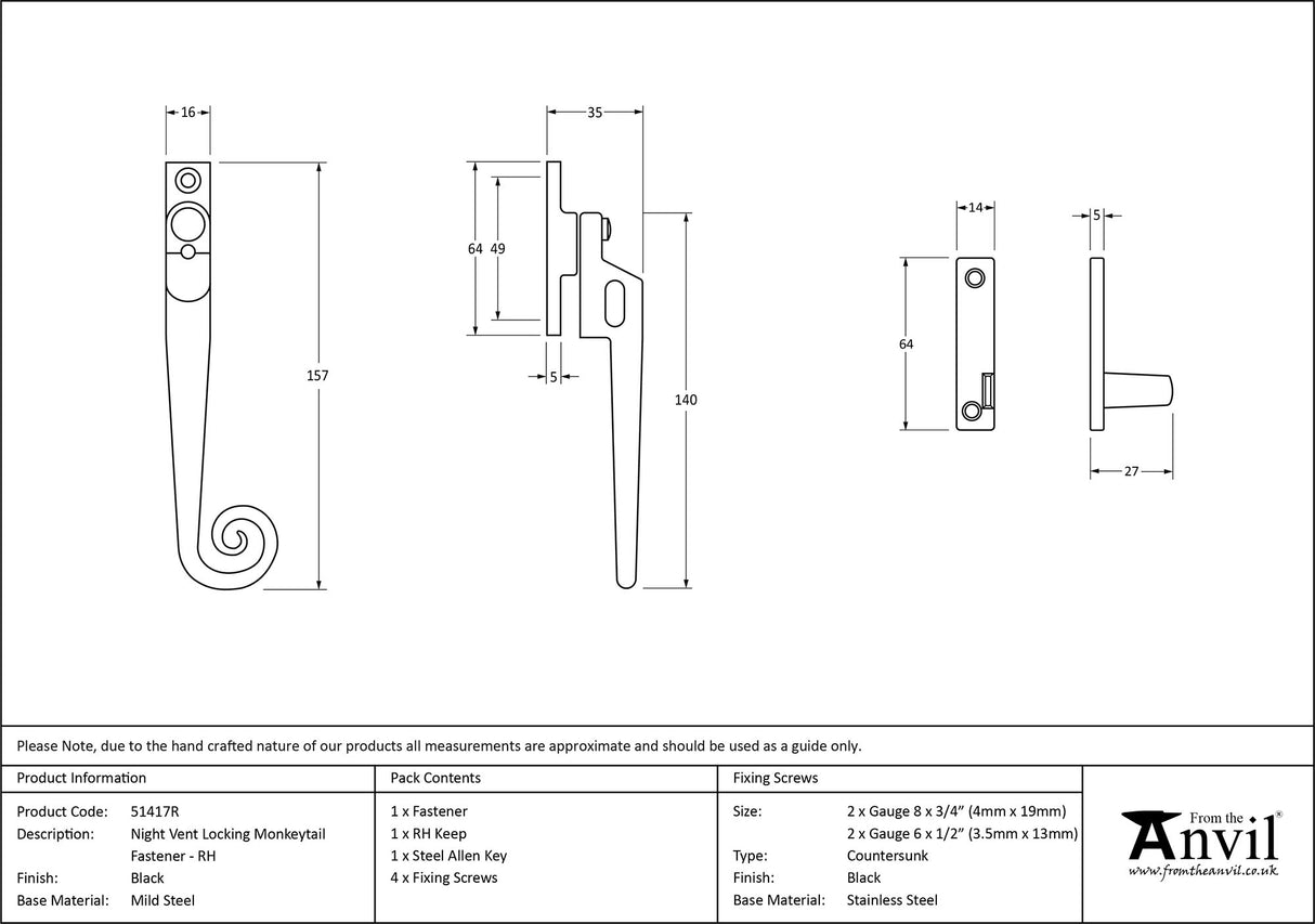 From The Anvil - Black Locking Night-Vent Monkeytail Fastener - RH | Sku. 51417R | Trade Door Handles.