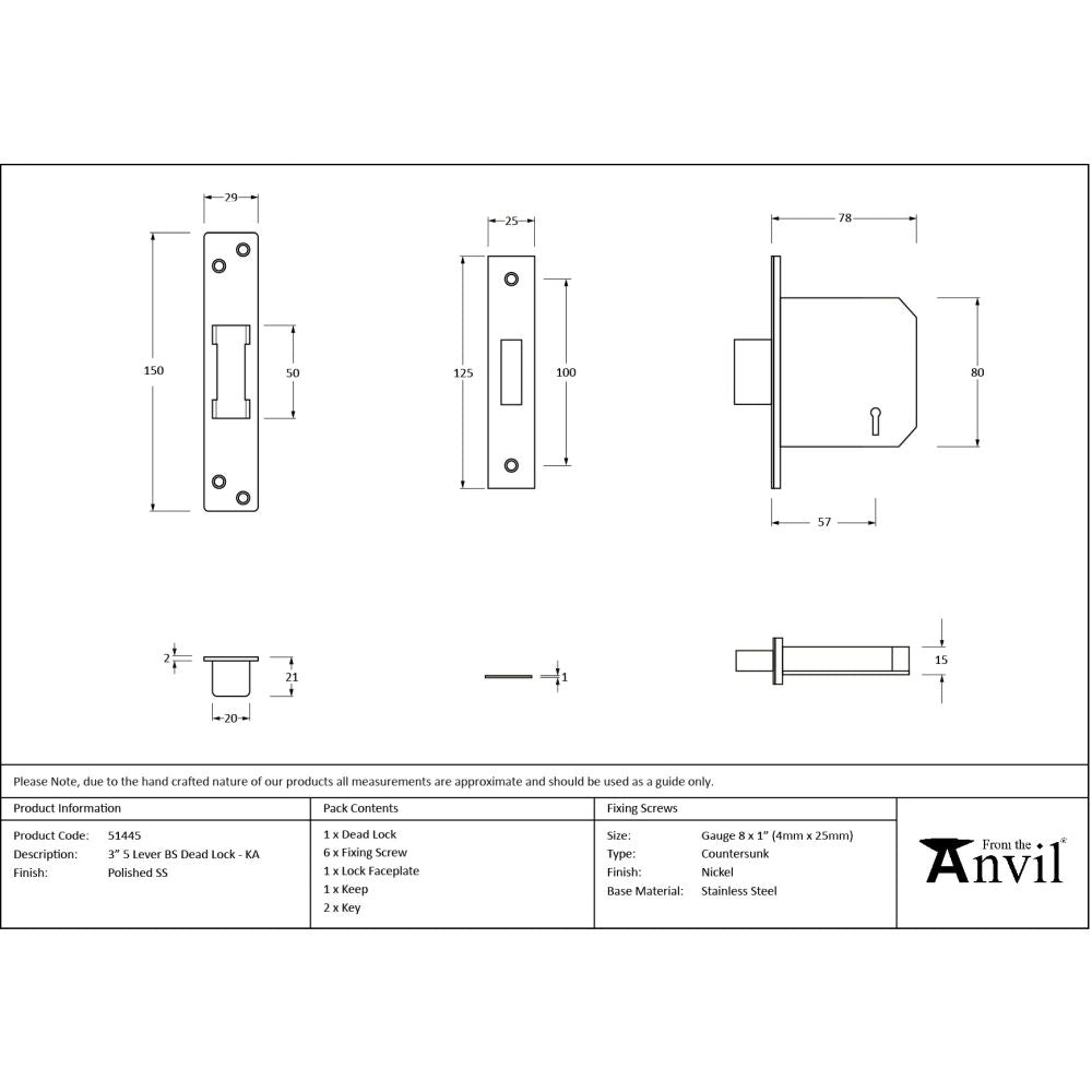 From The Anvil - Polished SS 3" 5 Lever BS Dead Lock KA | Sku. 51445 | Trade Door Handles.
