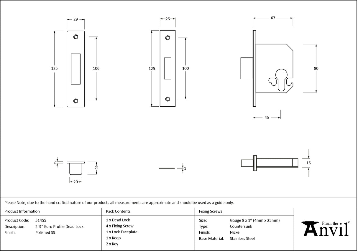 From The Anvil - Polished SS 2.5" Euro Profile Dead Lock | Sku. 51455 | Trade Door Handles.