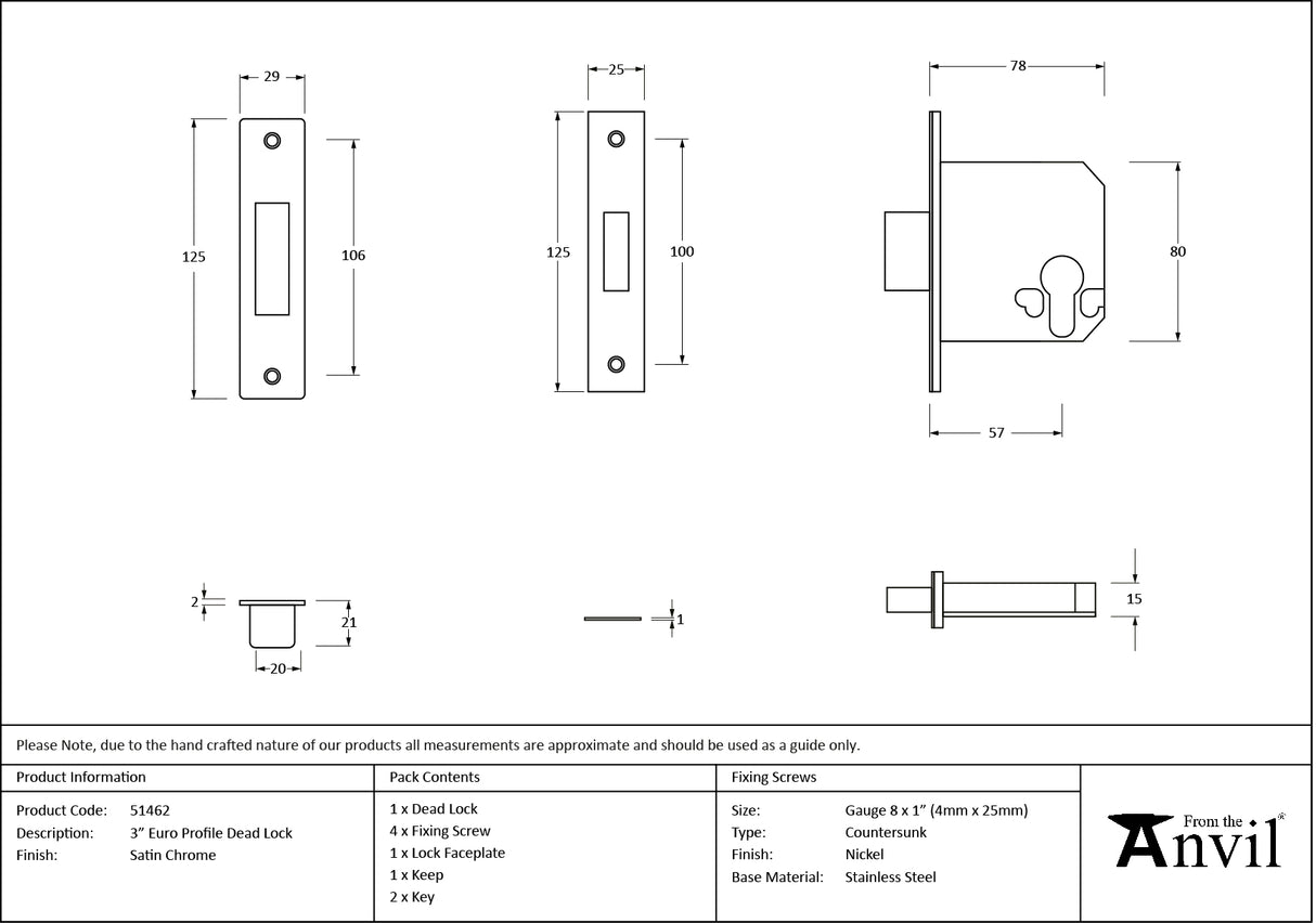 From The Anvil - Satin Chrome 3" Euro Profile Dead Lock | Sku. 51462 | Trade Door Handles.