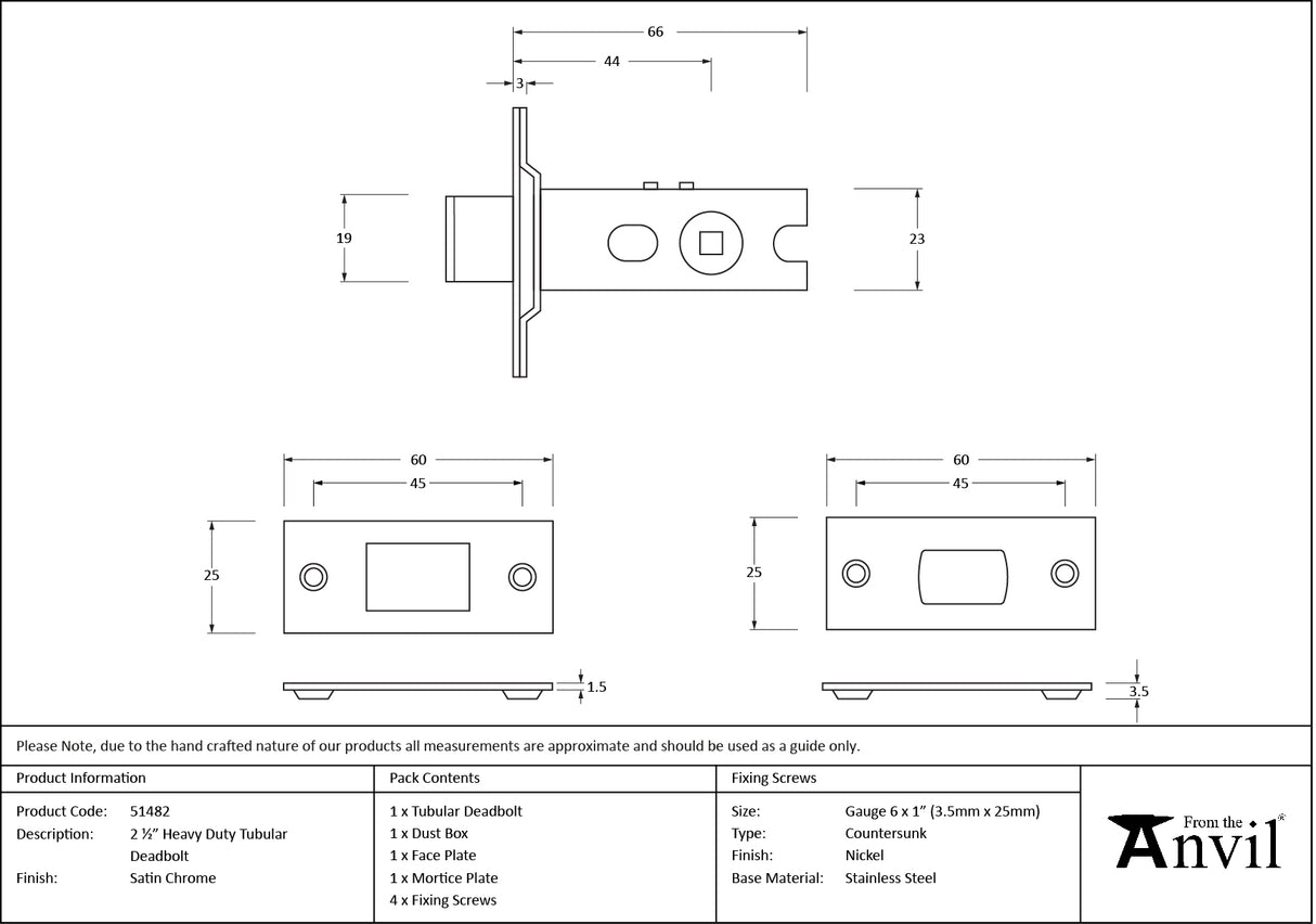 From The Anvil - Satin Chrome 2.5" Heavy Duty Tubular Deadbolt | Sku. 51482 | Trade Door Handles.
