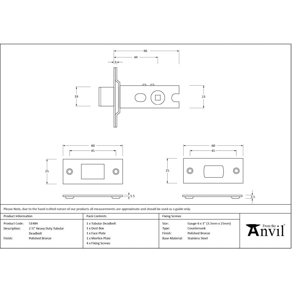 From The Anvil - Polished Bronze 2.5" Heavy Duty Tubular Deadbolt | Sku. 51484 | Trade Door Handles.