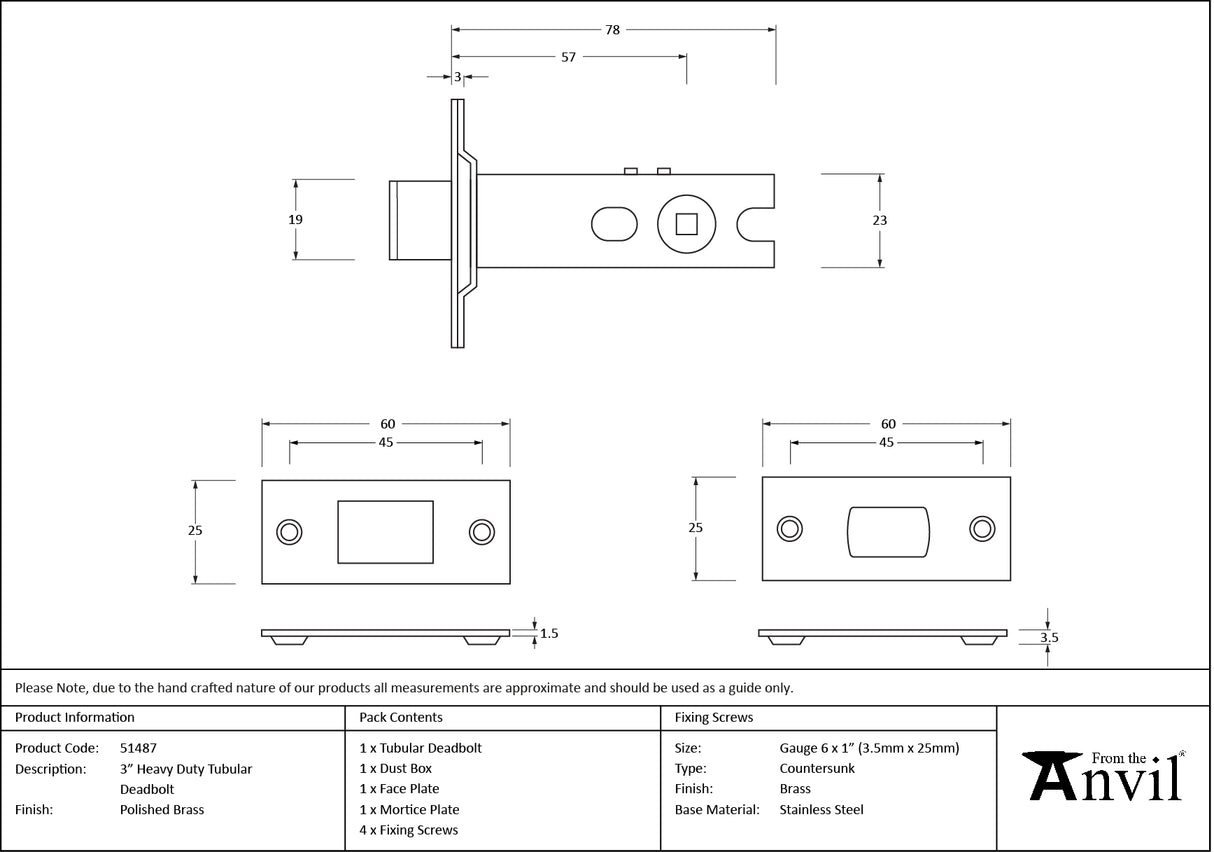 From The Anvil - Polished Brass 3" Heavy Duty Tubular Deadbolt | Sku. 51487 | Trade Door Handles.
