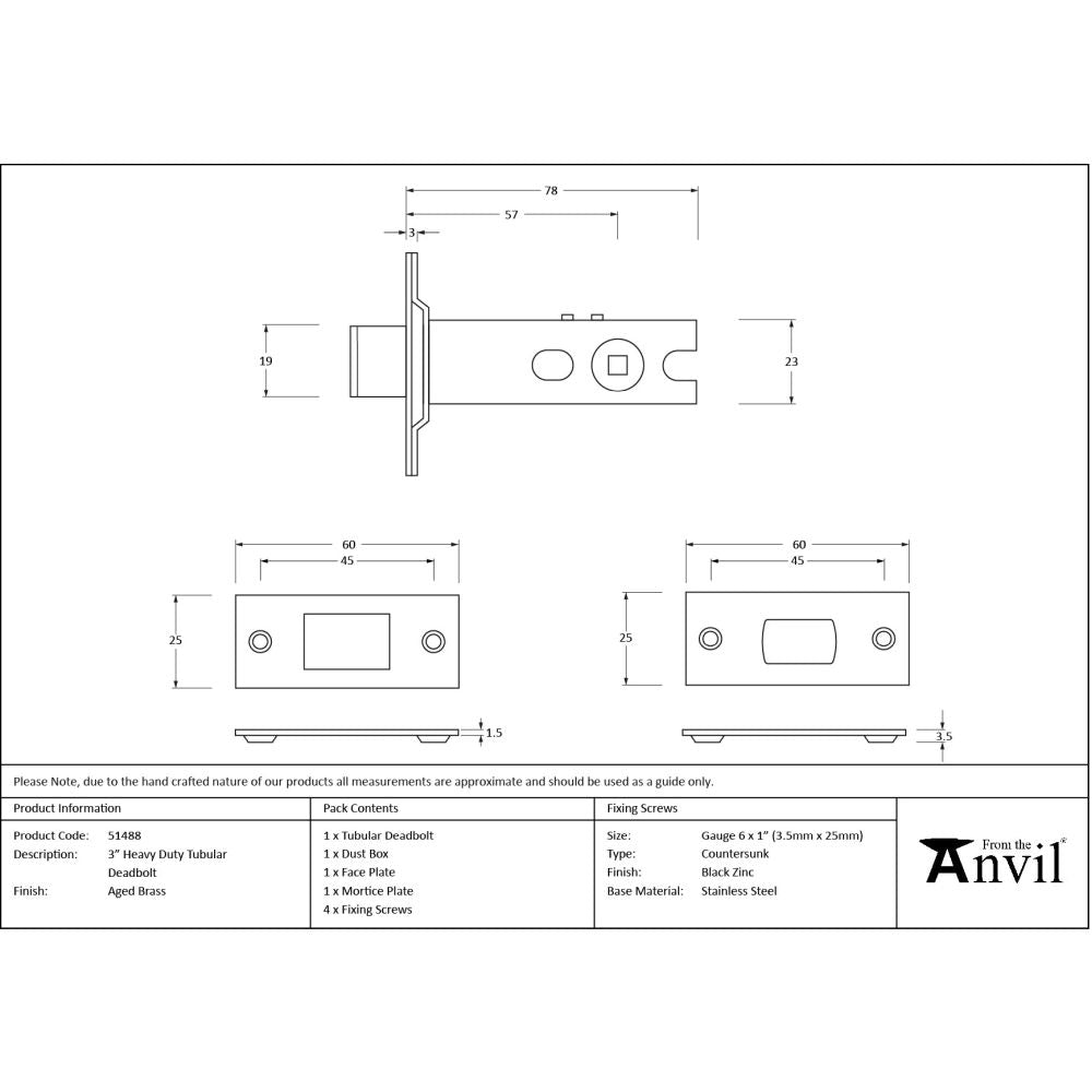 From The Anvil - Aged Brass 3" Heavy Duty Tubular Deadbolt | Sku. 51488 | Trade Door Handles.