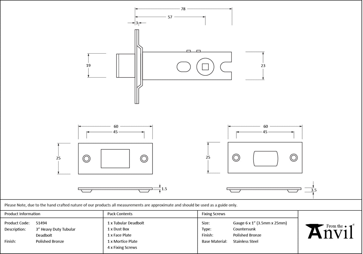 From The Anvil - Polished Bronze 3" Heavy Duty Tubular Deadbolt | Sku. 51494 | Trade Door Handles.