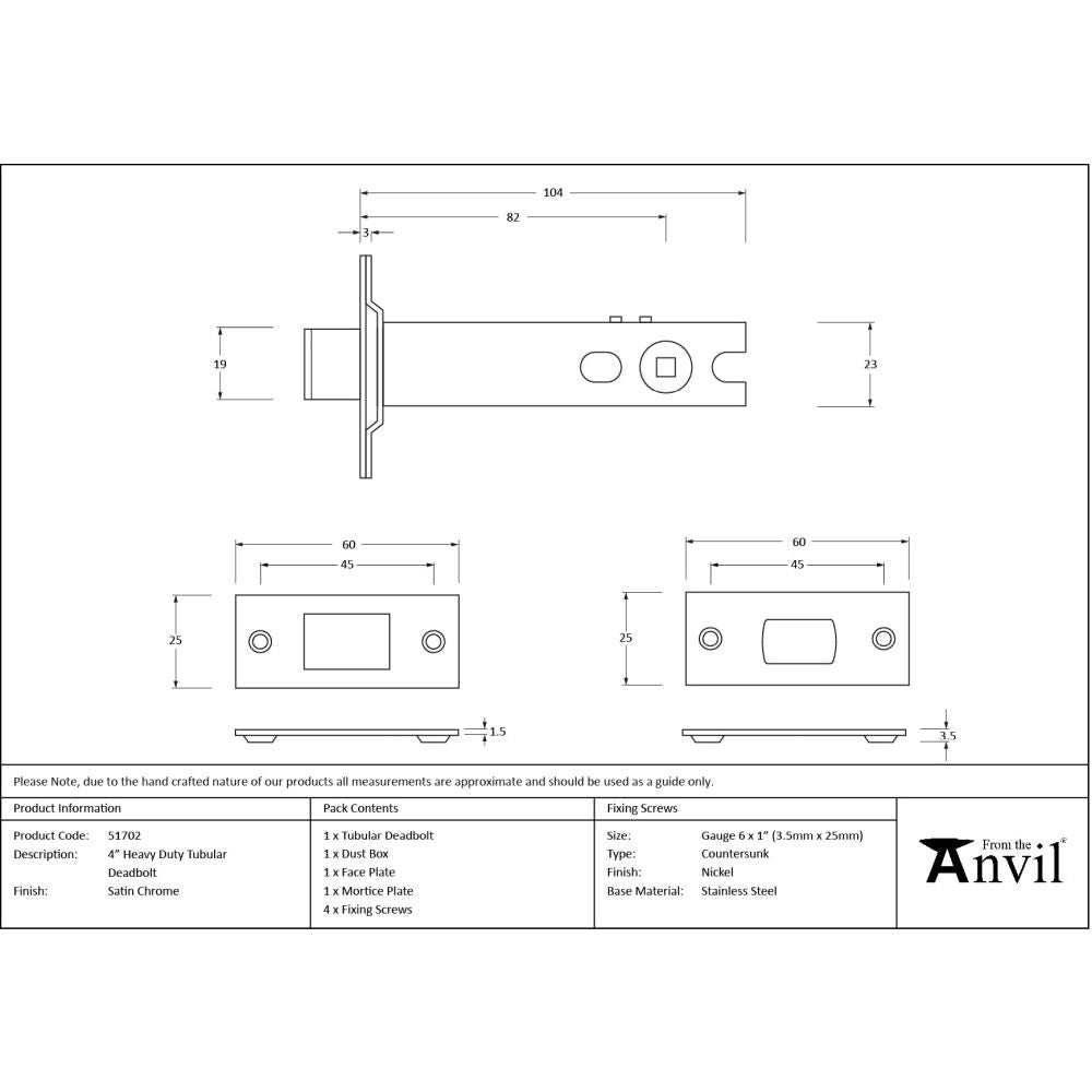From The Anvil - Satin Chrome 4" Heavy Duty Tubular Deadbolt | Sku. 51702 | Trade Door Handles.