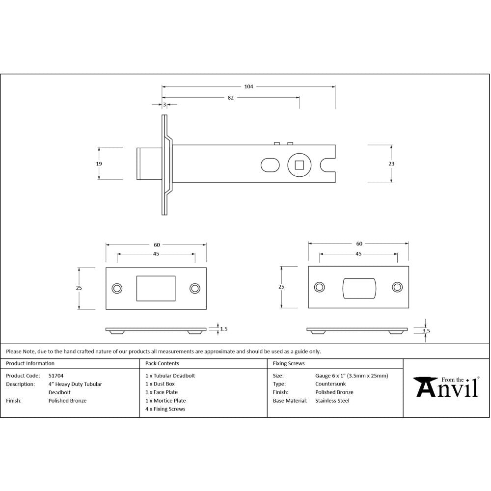 From The Anvil - Polished Bronze 4" Heavy Duty Tubular Deadbolt | Sku. 51704 | Trade Door Handles.