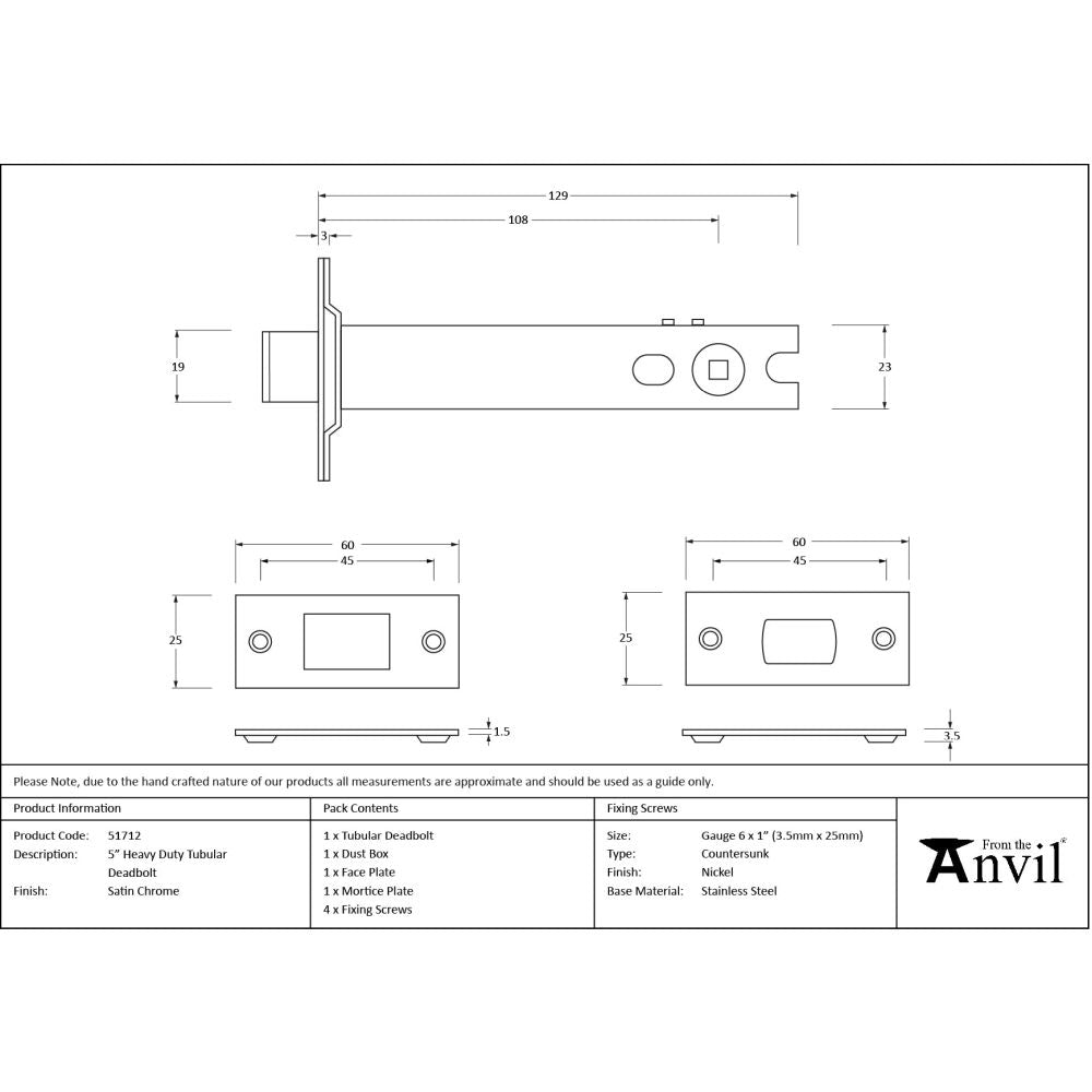 From The Anvil - Satin Chrome 5" Heavy Duty Tubular Deadbolt | Sku. 51712 | Trade Door Handles.
