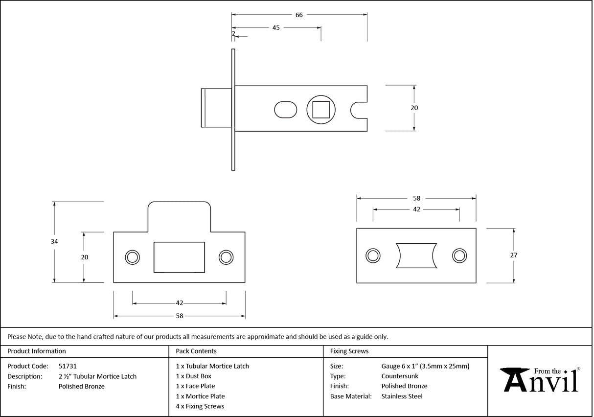 From The Anvil - Polished Bronze 2 Tubular Mortice Latch | Sku. 51731 | Trade Door Handles.