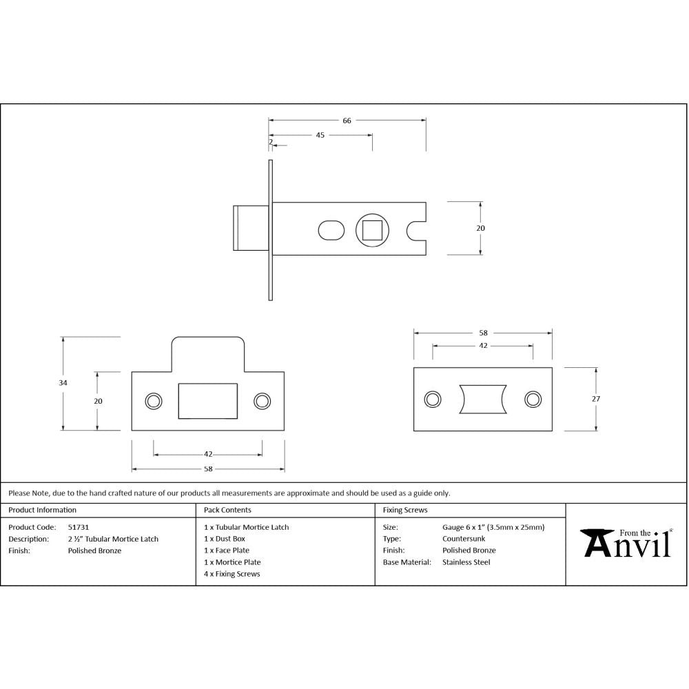 From The Anvil - Polished Bronze 2 Tubular Mortice Latch | Sku. 51731 | Trade Door Handles.