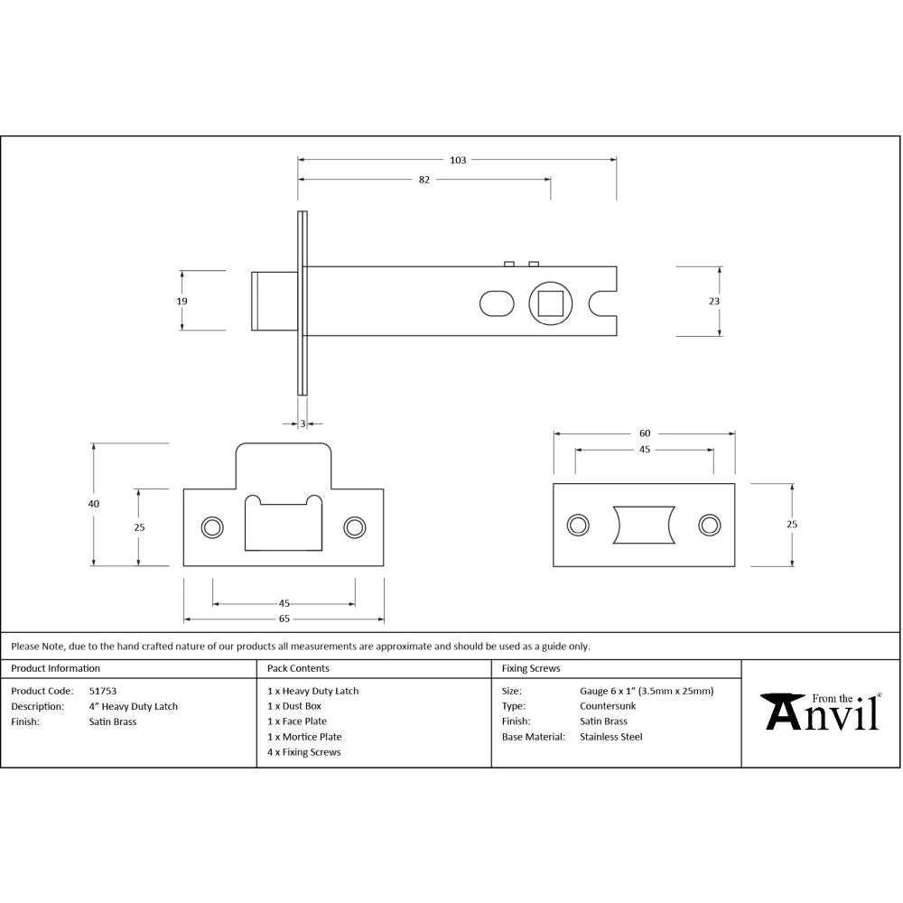 From The Anvil - Satin Brass 4" Heavy Duty Latch | Sku. 51753 | Trade Door Handles.