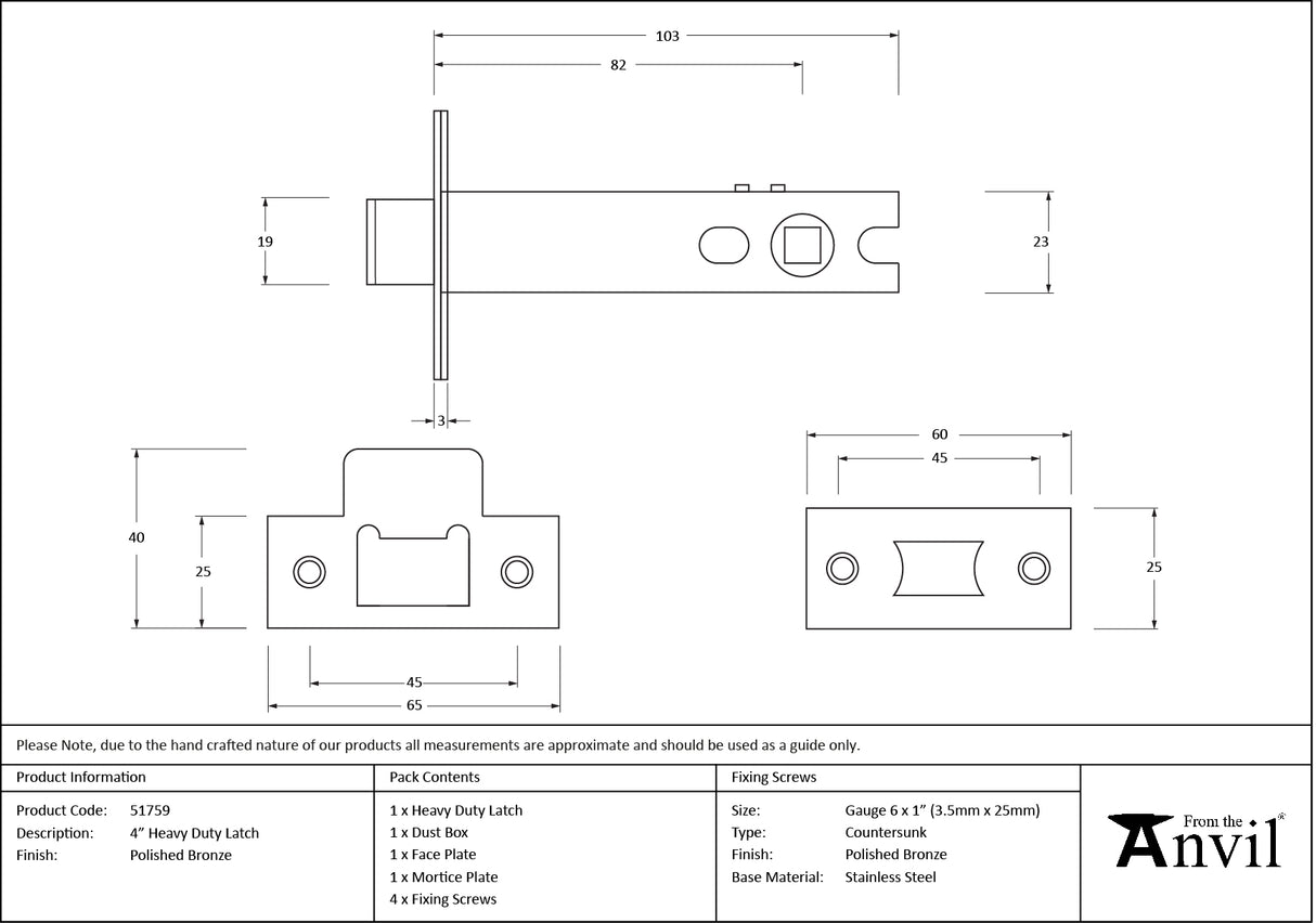 From The Anvil - Polished Bronze 4" Heavy Duty Latch | Sku. 51759 | Trade Door Handles.