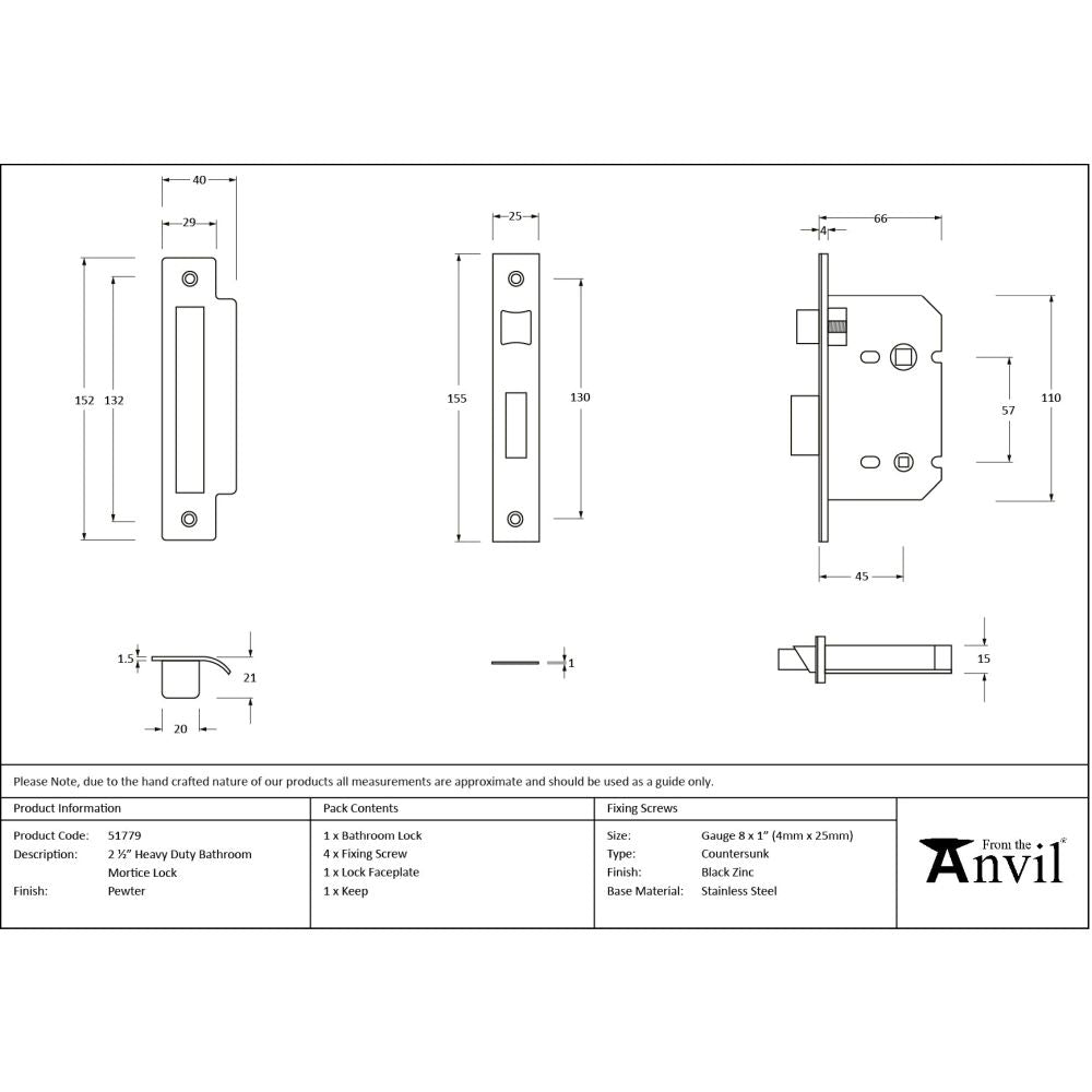 From The Anvil - Pewter 2.5" Heavy Duty Bathroom Mortice Lock | Sku. 51779 | Trade Door Handles.