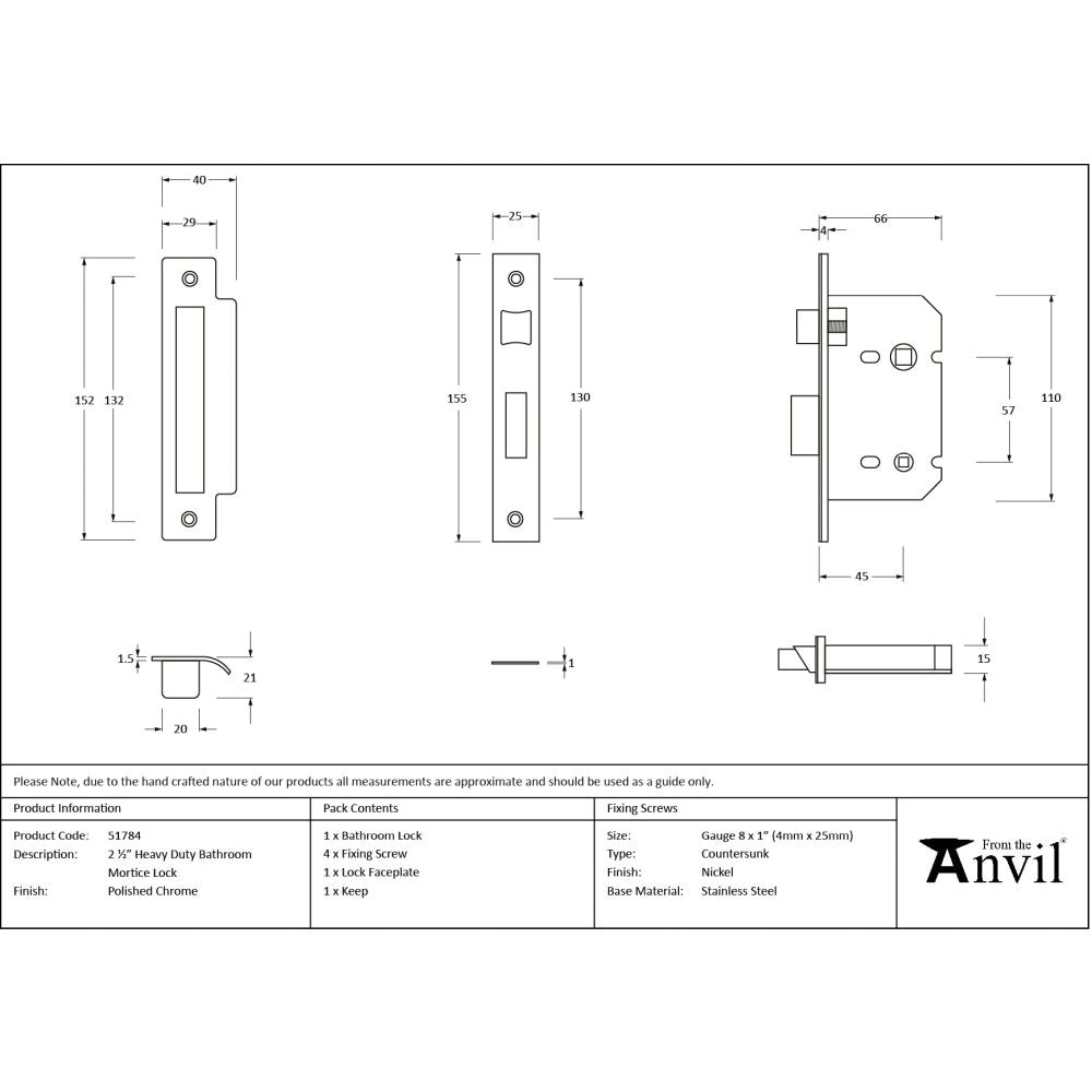 From The Anvil - Polished Chrome 2.5" Heavy Duty Bathroom Mortice Lock | Sku. 51784 | Trade Door Handles.