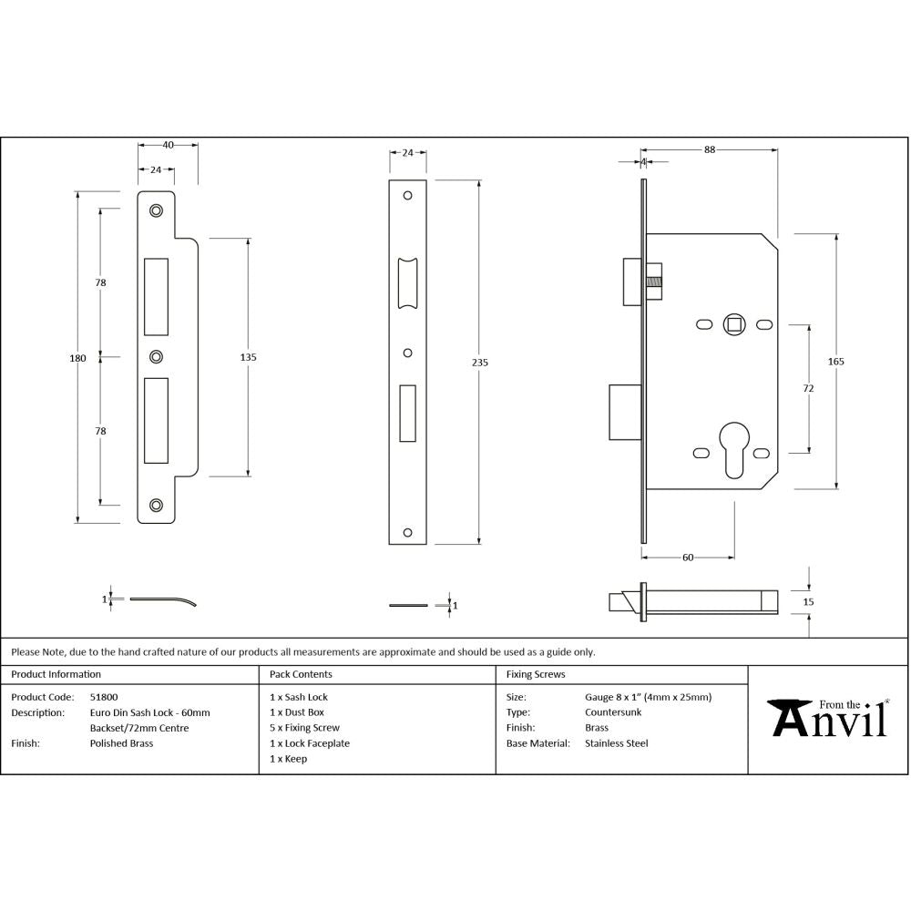 From The Anvil - Polished Brass Euro Din Sash Lock - 60mm Backset/72mm Centre | Sku. 51800 | Trade Door Handles.