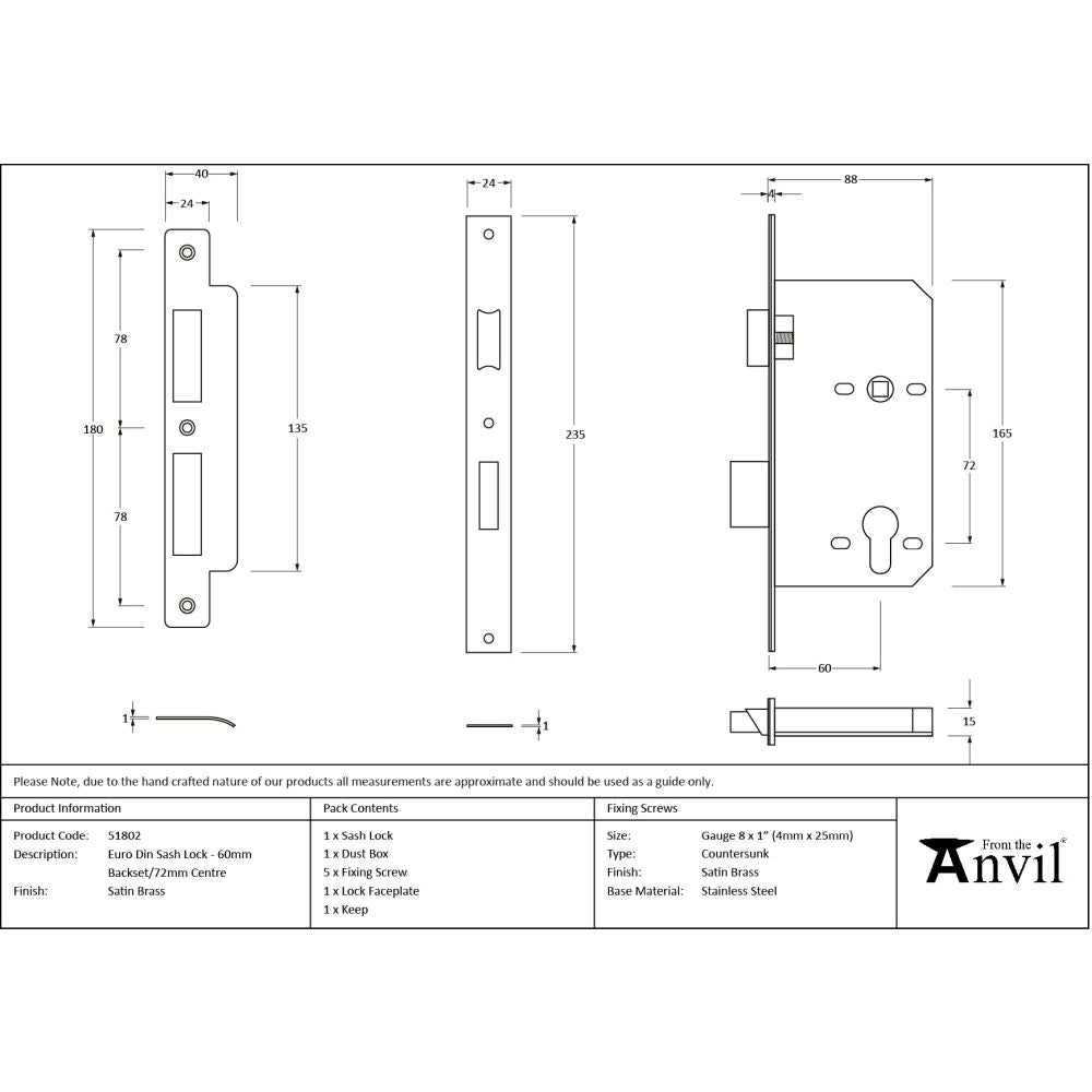 From The Anvil - Satin Brass Euro Din Sash Lock - 60mm Backset/72mm Centre | Sku. 51802 | Trade Door Handles.