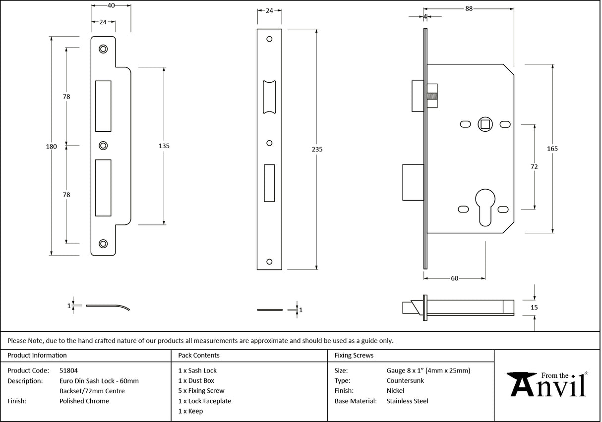 From The Anvil - Polished Chrome Euro Din Sash Lock - 60mm Backset/72mm Centre | Sku. 51804 | Trade Door Handles.