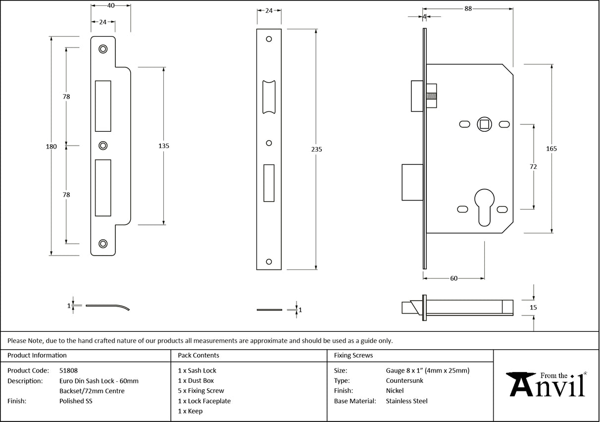 From The Anvil - Polished SS Euro Din Sash Lock - 60mm Backset/72mm Centre | Sku. 51808 | Trade Door Handles.