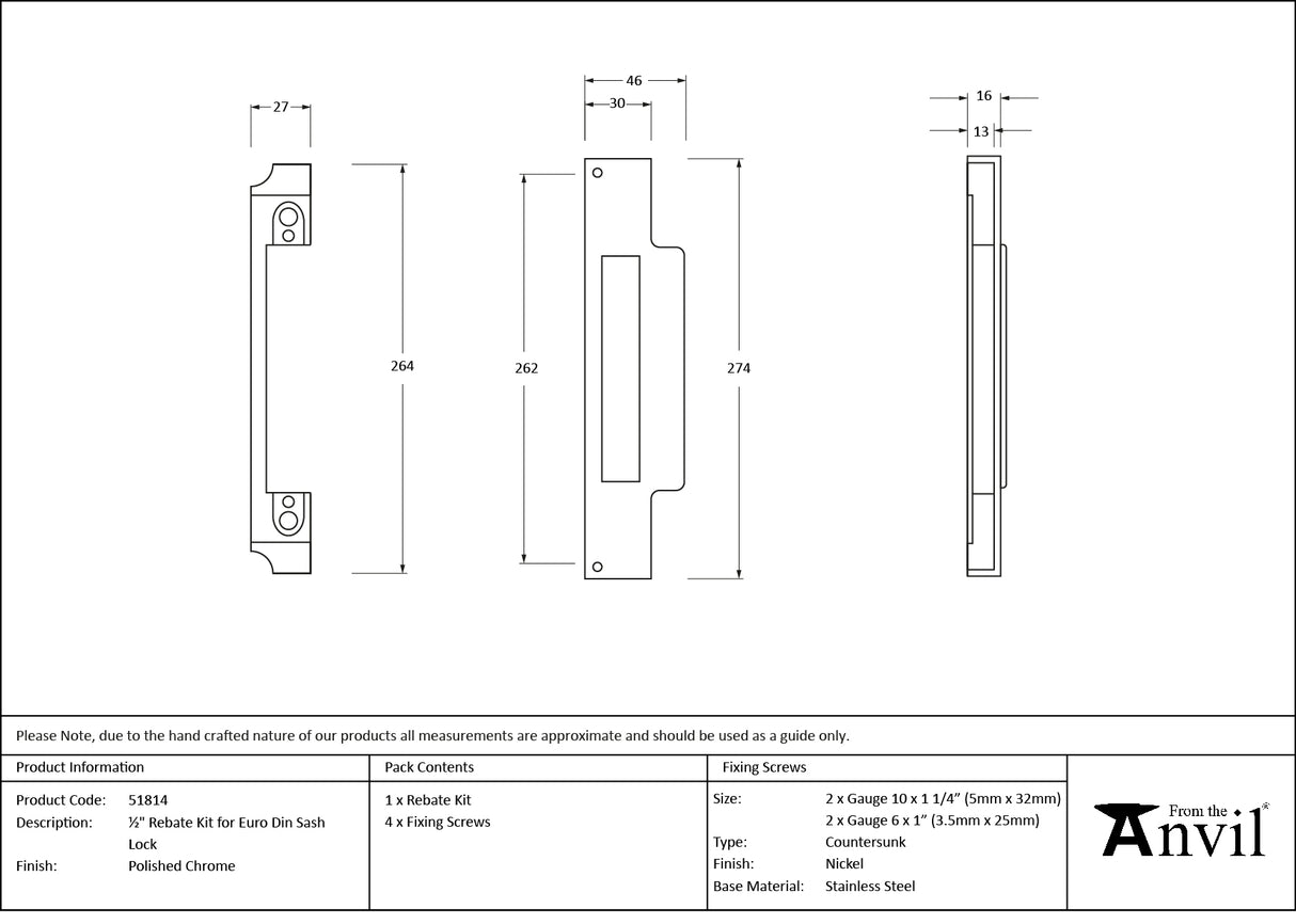 From The Anvil - Polished Chrome Rebate Kit for Euro Din Sash Lock | Sku. 51814 | Trade Door Handles.