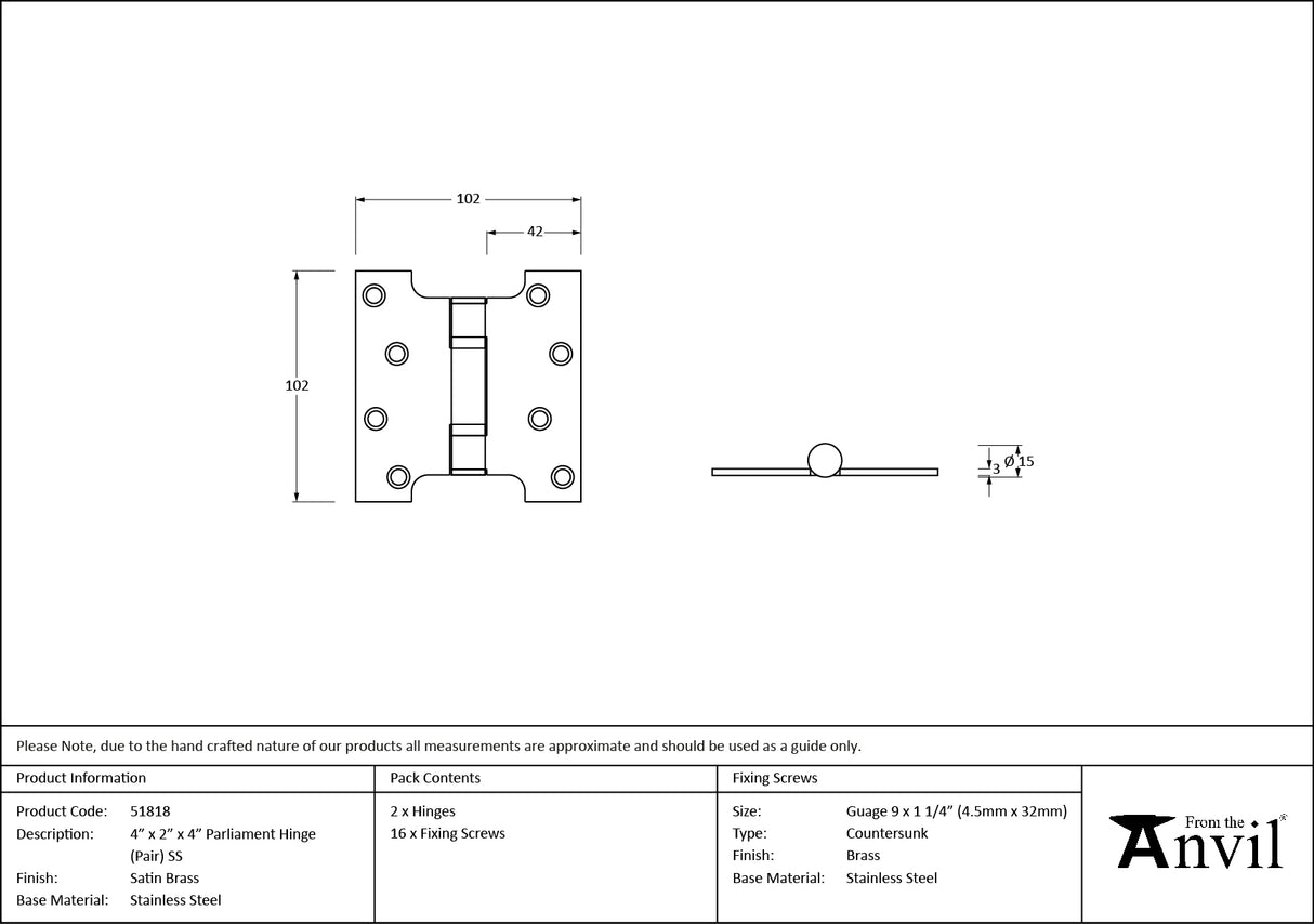 From The Anvil - Satin Brass 4" x 2" x 4" Parliament Hinge (pair) ss | Sku. 51818 | Trade Door Handles.