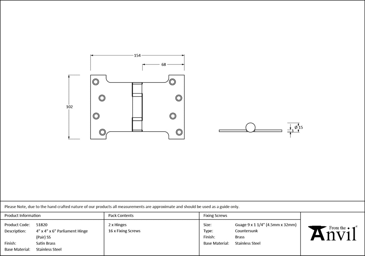 From The Anvil - Satin Brass 4" x 4" x 6" Parliament Hinge (pair) ss | Sku. 51820 | Trade Door Handles.