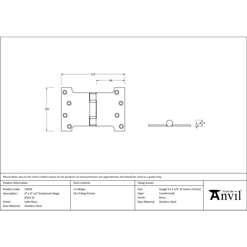 From The Anvil - Satin Brass 4" x 4" x 6" Parliament Hinge (pair) ss | Sku. 51820 | Trade Door Handles.