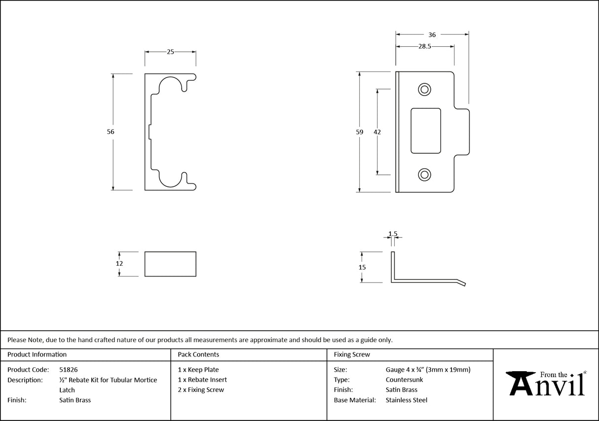 From The Anvil - Satin Brass Rebate Kit for Tubular Mortice Latch | Sku. 51826 | Trade Door Handles.
