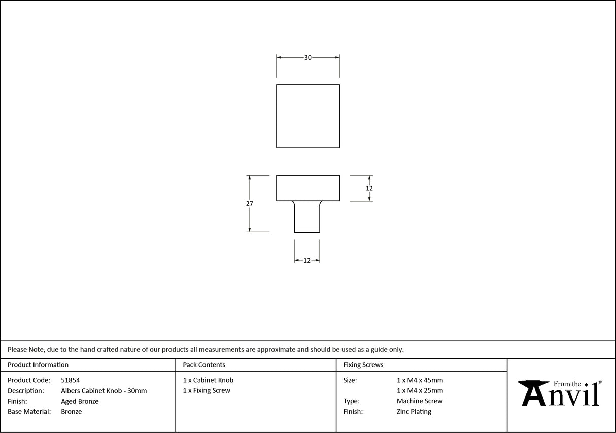 From The Anvil - Aged Bronze Albers Cabinet Knob - 30mm | Sku. 51854 | Trade Door Handles.