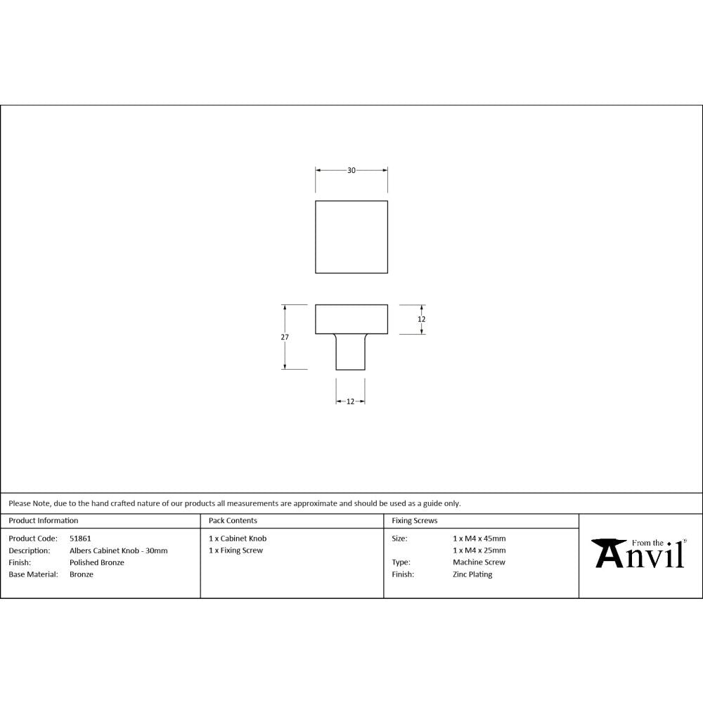 From The Anvil - Polished Bronze Albers Cabinet Knob - 30mm | Sku. 51861 | Trade Door Handles.