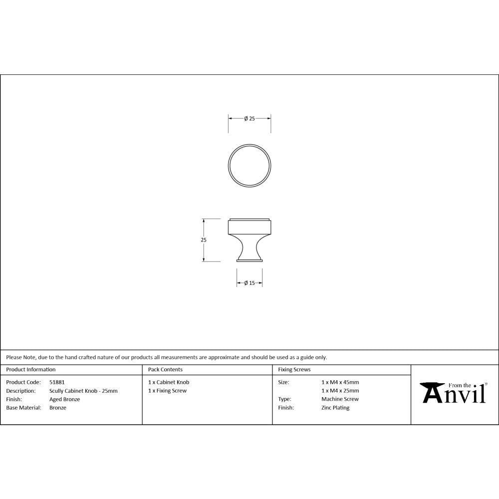 From The Anvil - Aged Bronze Scully Cabinet Knob - 25mm | Sku. 51881 | Trade Door Handles.