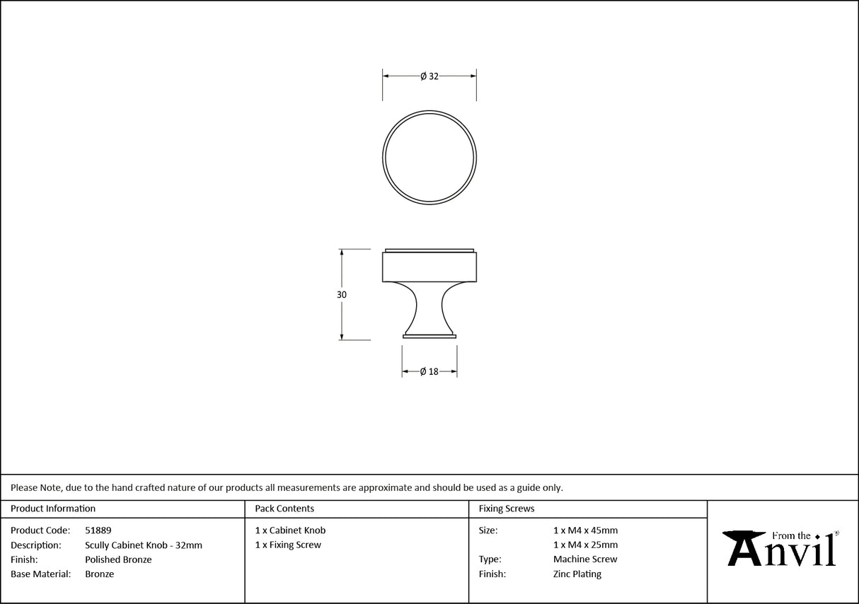 From The Anvil - Polished Bronze Scully Cabinet Knob - 32mm | Sku. 51889 | Trade Door Handles.