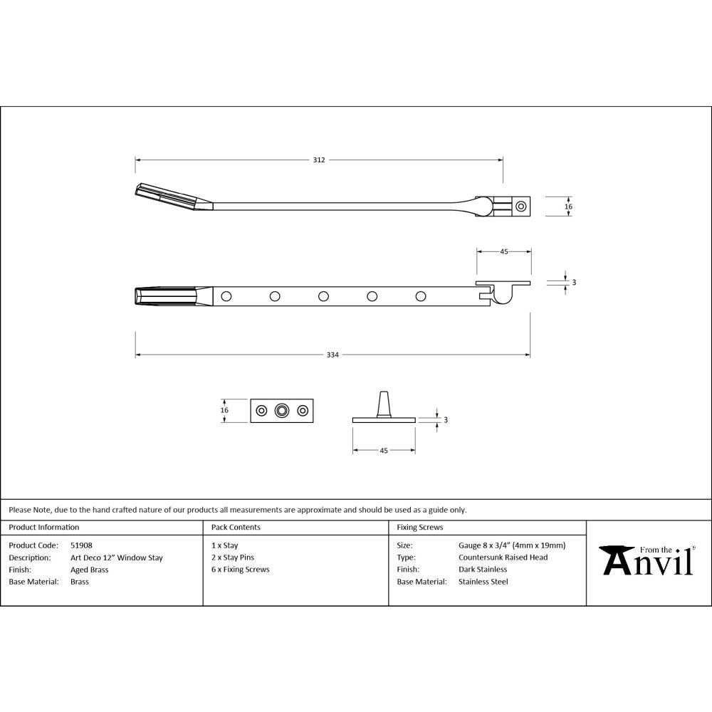 From The Anvil - Aged Brass Art Deco 12" Stay | Sku. 51908 | Trade Door Handles.
