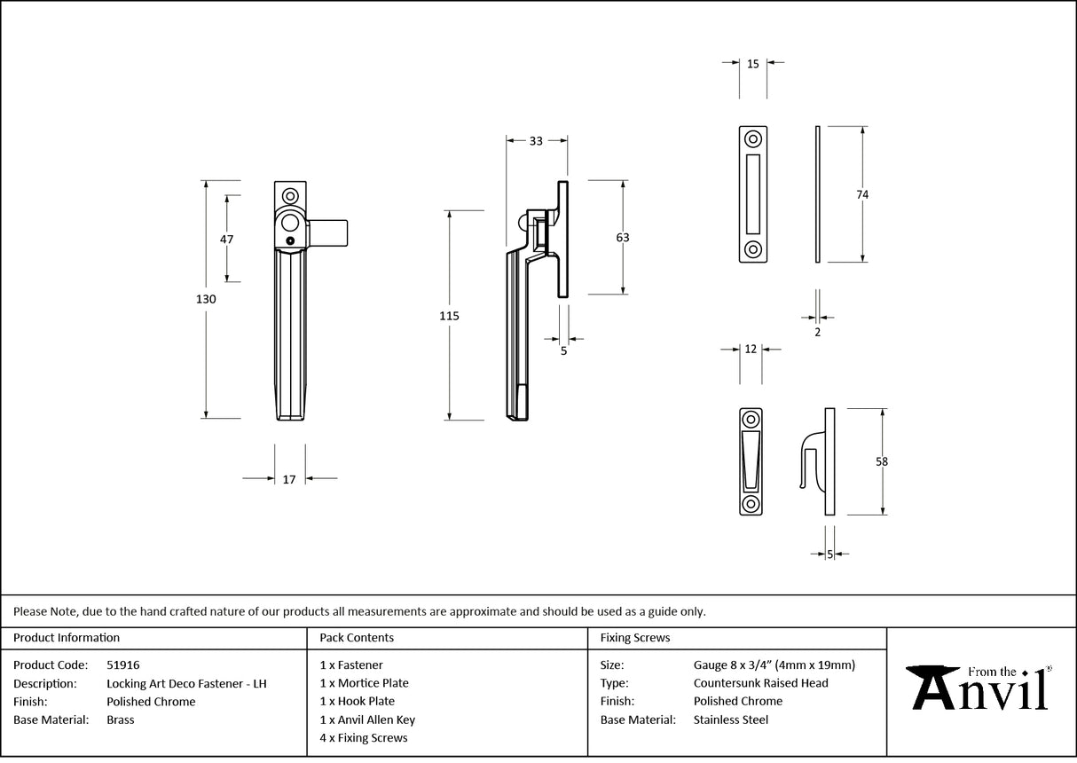 From The Anvil - Polished Chrome Locking Art Deco Fastener - LH | Sku. 51916 | Trade Door Handles.
