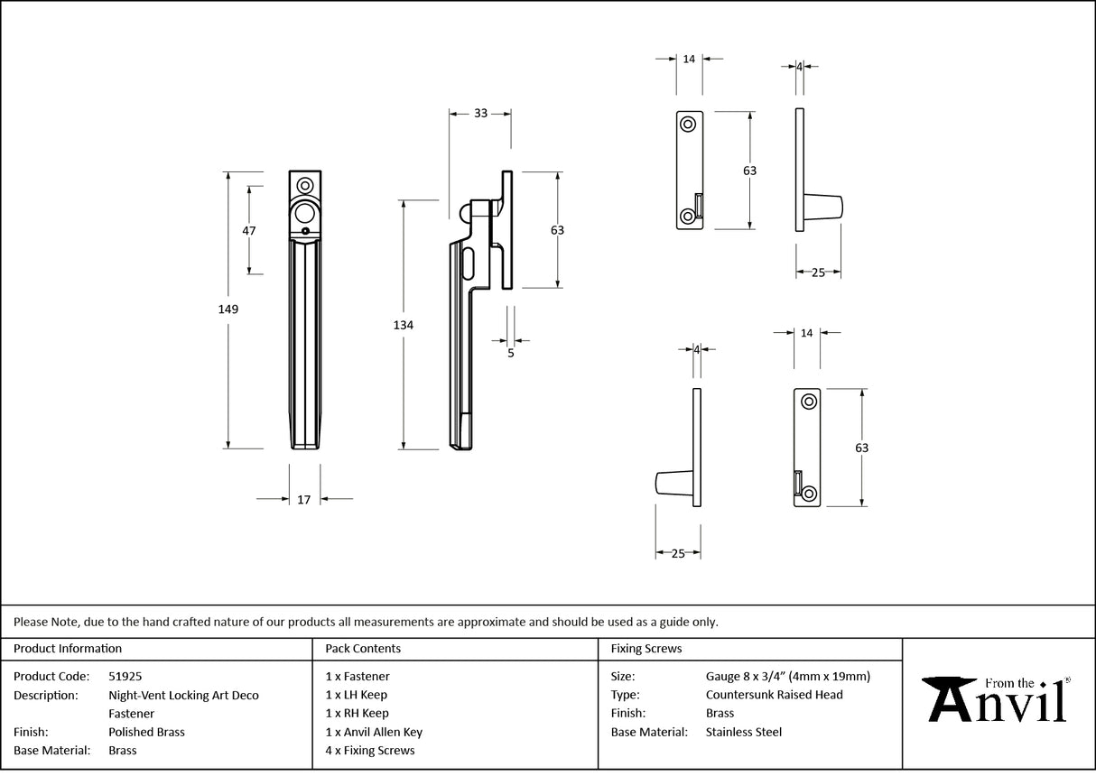 From The Anvil - Polished Brass Night-Vent Locking Art Deco Fastener | Sku. 51925 | Trade Door Handles.