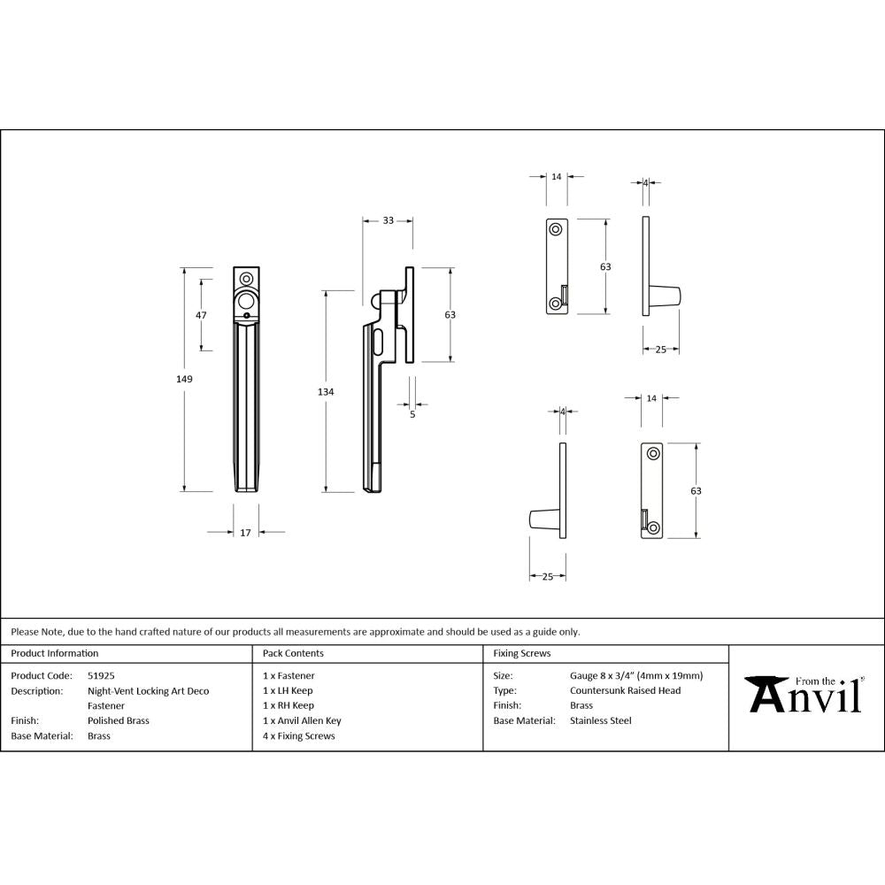 From The Anvil - Polished Brass Night-Vent Locking Art Deco Fastener | Sku. 51925 | Trade Door Handles.