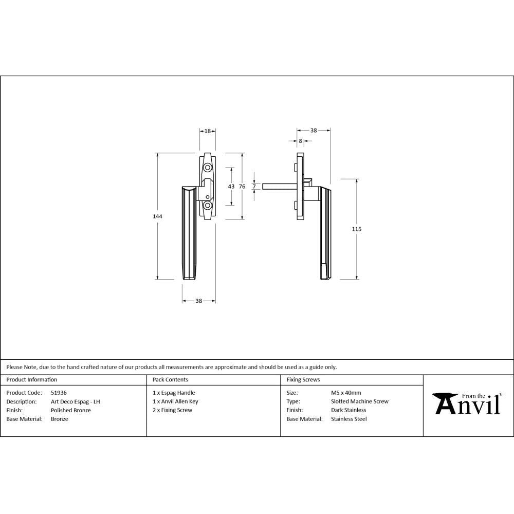 From The Anvil - Polished Bronze Art Deco Espag - LH | Sku. 51936 | Trade Door Handles.