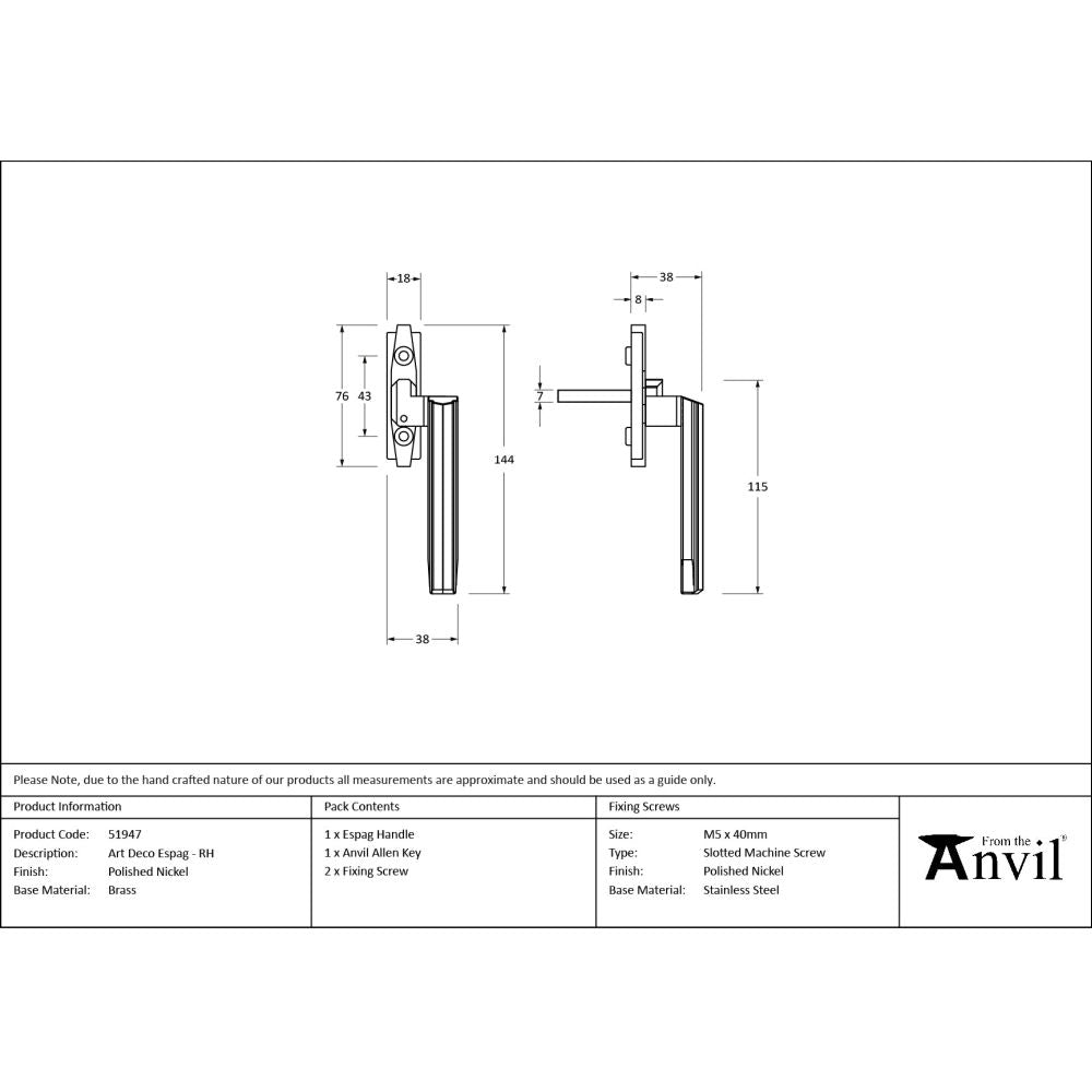 From The Anvil - Polished Nickel Art Deco Espag - RH | Sku. 51947 | Trade Door Handles.