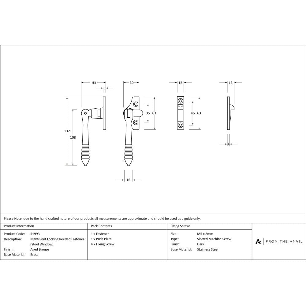 From The Anvil - Aged Bronze Night-Vent Locking Reeded Fastener (Steel Window) | Sku. 51993 | Trade Door Handles.